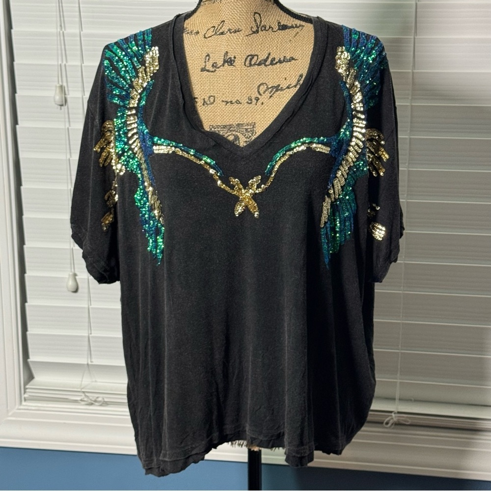 POL Black Top with Gold and Teal Birds of a Feather Sequin  -  Medium - Picture 2 of 8